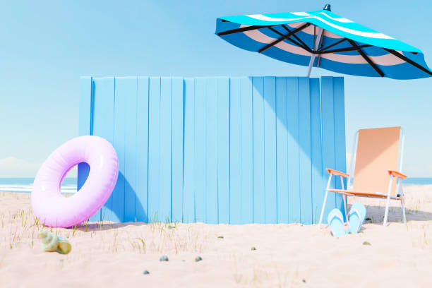 istock Sunshade and chair near wall on beach 1482153166