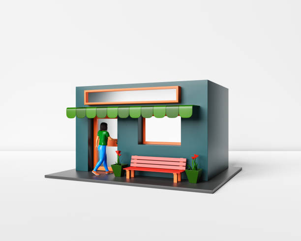 3D rendering of female entering cafe building 3D rendering of anonymous woman with dark hair in casual clothes opening door of modern cafe with wooden bench and potted flower on terrace tienda stock pictures, royalty-free photos & images