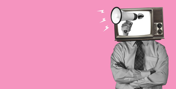 Art collage, the hand with a megaphone from TV on pink background. Art collage, the hand with a megaphone from TV on pink background. Listening to gossip and propaganda. breaking news stock pictures, royalty-free photos & images