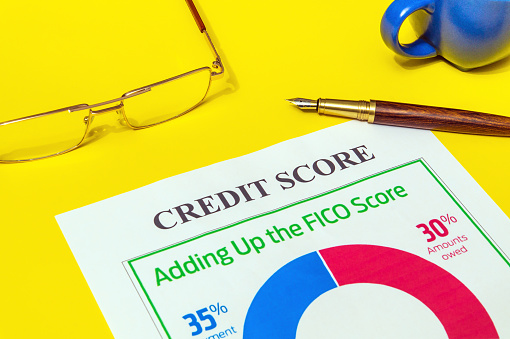 Credit score form on the yellow office desk with glasses and pen, business idea