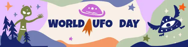 Vector illustration of World UFO Day.Bright horizontal banner with an image of a UFO and an alien in a funny style.