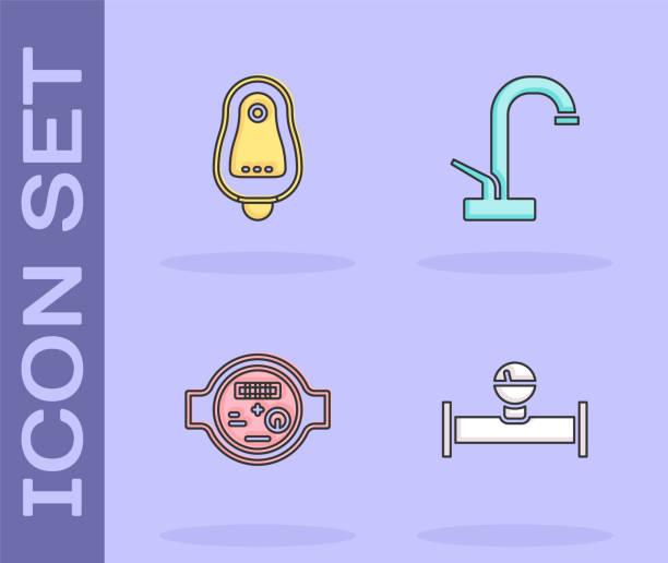 Set Industry pipe and manometer, Toilet urinal or pissoir, Water and tap icon. Vector Set Industry pipe and manometer, Toilet urinal or pissoir, Water and tap icon. Vector. flushing valve public restroom toilet stock illustrations
