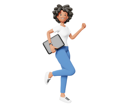 3d illustration of happy business wowoman with black hair isolated on white color background. 3d render design of woman character stand and hold laptop in hand for web, site, banner, poster, print