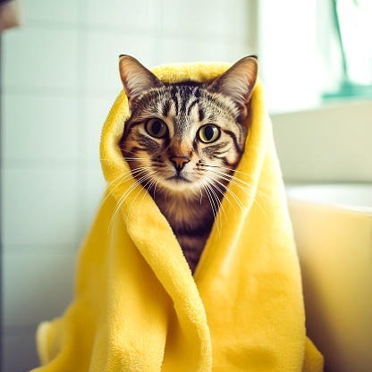 Divertido gato rayado en una toalla amarilla después de bañarse en el baño. photo