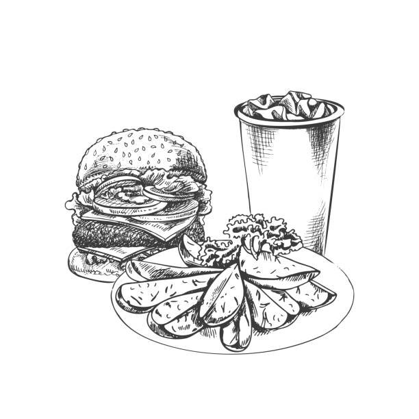 illustrazioni stock, clip art, cartoni animati e icone di tendenza di schizzo disegnato a mano di hamburger, bicchiere di carta di cola e piatto con fette di patate al forno, isolato. illustrazione vintage monocromatica del cibo spazzatura. ottimo per menu, poster o sfondo del ristorante. - baked potato