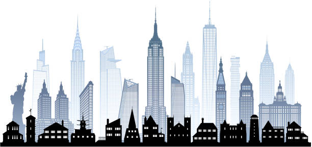 ilustrações, clipart, desenhos animados e ícones de skyline da cidade de nova york (todos os edifícios são  moveveis e completos) - new york city black and white city looking at view