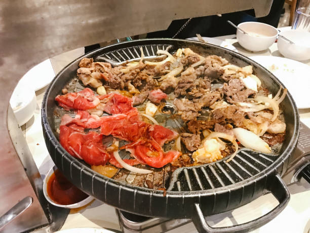 istock sliced raw beef and chicken meat roasting on the steel grating 1482165722