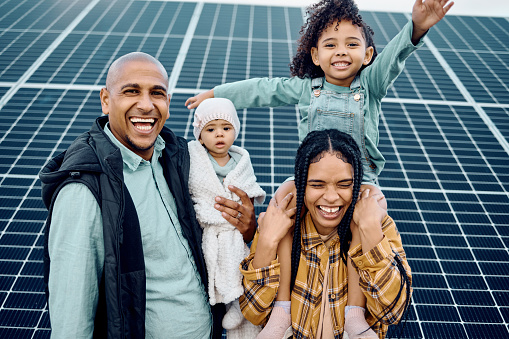 Black family, children or solar panel with parents and daughter siblings on a farm together for sustainability. Kids, love or electricity with man and woman girls bonding outdoor for agriculture