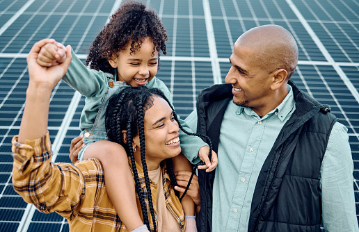 Black family, children or solar panel with a mother, father and daughter on a farm together for sustainability. Kids, love or electricity with man, woman and girl bonding outdoor for agriculture