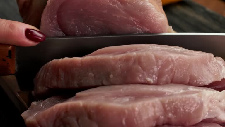 Knife cuts pork fillet into pieces