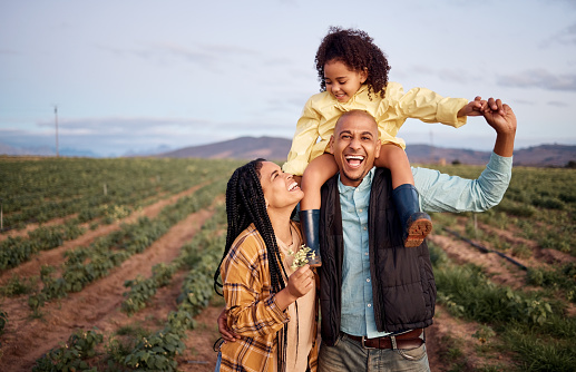 Black family, piggyback and portrait at agriculture farm, laughing at funny joke and bonding together. Love, agro and care of father, mother and girl, kid or child on field for harvest and farming.