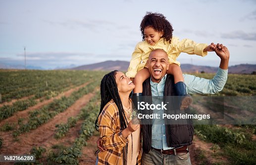 istock Black family, piggyback and portrait at agriculture farm, laughing at funny joke and bonding together. Love, agro and care of father, mother and girl, kid or child on field for harvest and farming. 1482166280