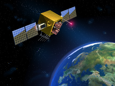 Communication satellite and planet earth. CG illustration, 3D render.