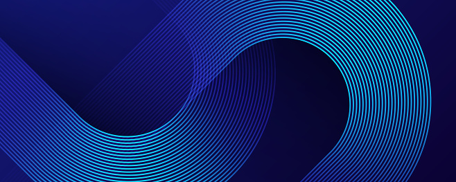 Abstract blue glowing geometric lines on dark blue background. Modern shiny blue diagonal rounded lines pattern. Futuristic technology concept. Vector illustration