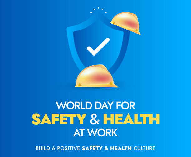 World day for safety and health at work. 28th April. World Day for safety of workers. Worker's health Day. Banner. Awareness post for worker health and security. Safety and Health for employees. Facebook Post. Blue background gradient. World day for safety and health at work. 28th April. World Day for safety of workers. Worker's health Day. Banner. Awareness post for worker health and security. Safety and Health for employees. Social media cover or banner. Facebook banner for business. Awareness web banner. Worker Helmet with safety shield. 28th April earth first aid stock illustrations