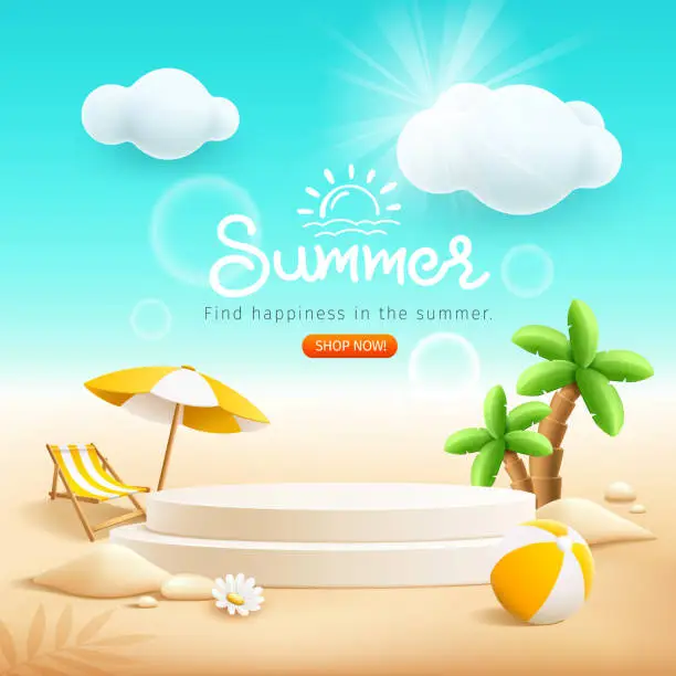 Vector illustration of Summer podium display on cloud and sand beach background