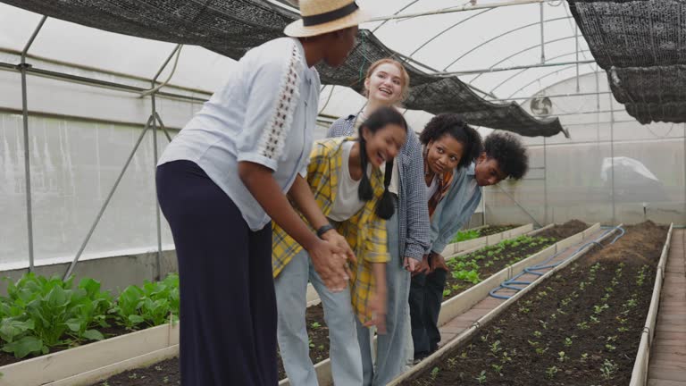 African female farmer teaches young how to grow seedlings in trays