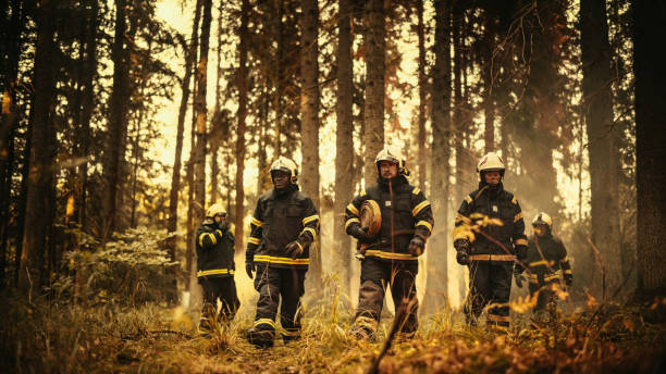 Diverse Five-Person Squad of Male and Female Firefighters Walking Deep in a Dangerous Wildland Fire Forest Area. Group Leader Giving Orders and Instructions on Where to Move to Extinguish the Fire. diverso escuadrón de cinco personas de bomberos masculinos y femeninos caminando profundamente en una peligrosa área forestal de incendios forestales. líder del grupo dando órdenes e instrucciones sobre dónde moverse para extinguir el fuego.
