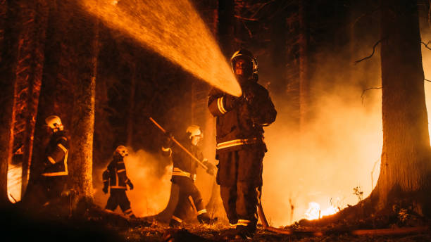 istock Experienced African American Firefighter Extinguishing a Wildland Fire in a Forest. Professional in Safety Uniform and Helmet Using a Fire Hose to Battle Dangerous Wildfire, Team is Working Behind. 1482174052