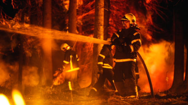istock Experienced Firefighter Extinguishing a Wildland Fire Deep in a Forest. Professional in Safety Uniform and Helmet Using a Firehose to Battle Dangerous Fire Caused by Global Warming and Summer Heat. 1482174116