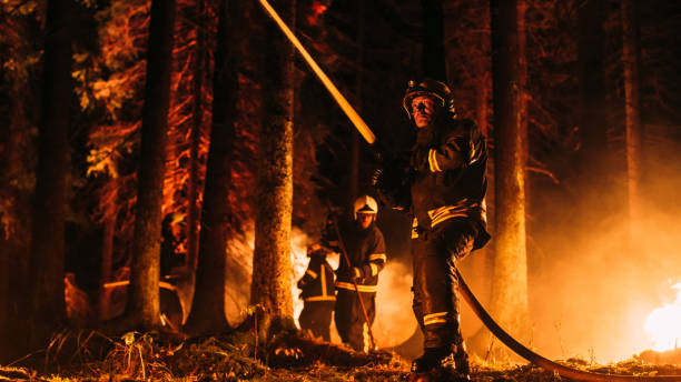 istock Group of Experienced Firefighters Extinguishing a Wildland Brushfire Deep in the Forest. Professional Fireman Wearing Safety Uniform, Spraying Water from Fire Hose to Fight Dangerous Wildfire. 1482174274