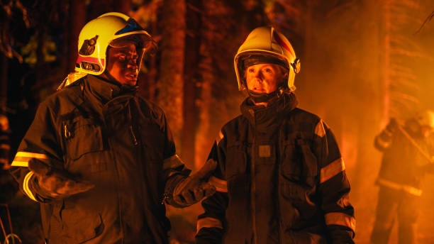 porträt zweier berufsfeuerwehrleute, die in einem wald stehen und den lagebericht während eines waldbrandes besprechen. fokussierte weibliche superintendentin im gespräch mit dem afroamerikanischen truppführer. - fire department courage forest fire heroes stock-fotos und bilder