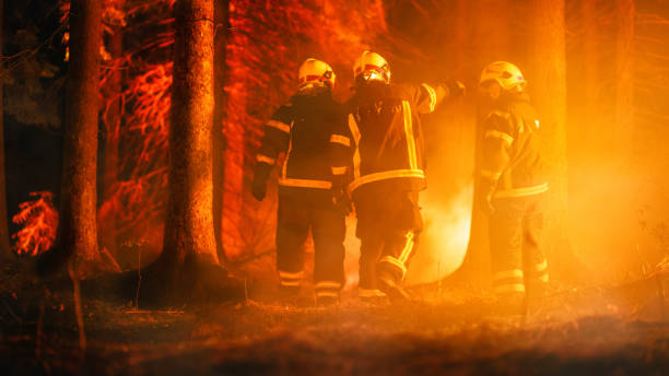 istock Three Volunteer Firefighters with Safety Equipment and Uniform Encircle a Raging Forest Fire Before the Blaze Gets Completely Out of Hand. Firemen Respond to Emergency and Prevent a Disaster. 1482175585