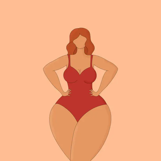 Vector illustration of Abstract faceless curvy female in a red swimsuit. Body positive and female beauty. Hand drawn vector art
