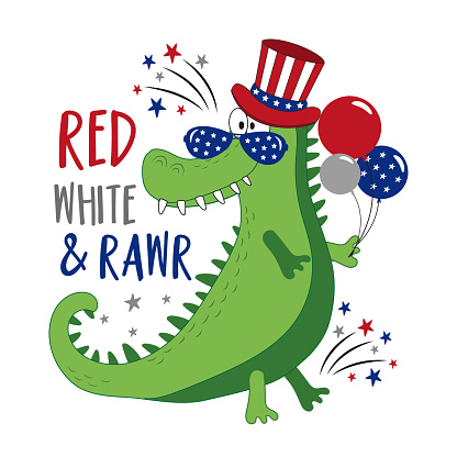Red white and rawr - 4th of july decoration for kids. Funny alligator in hat, and with balloons. Happy Independence day!