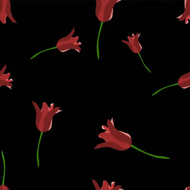 Vector illustration of Seamless vector pattern: a red tulip with a black background