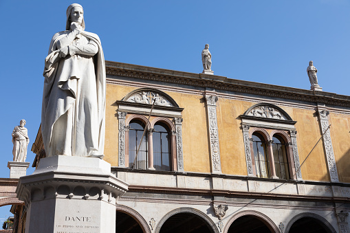 Verona, Italy - Dante Alighieri statue, famous poet old sculpture