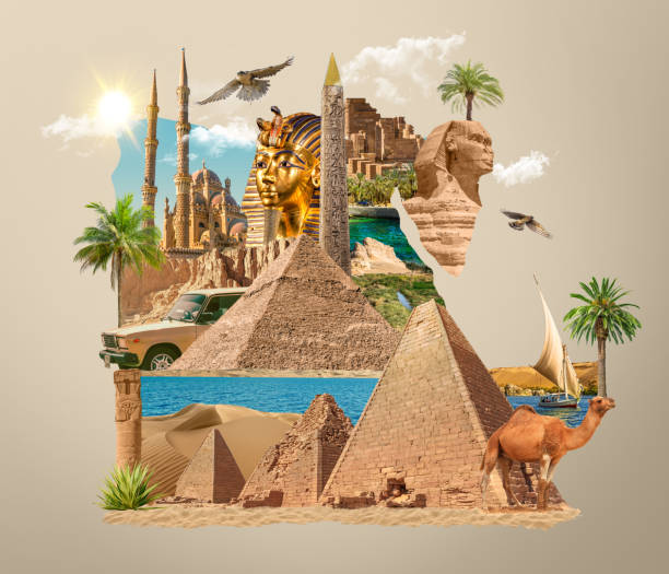 carte de l’egypte avec la culture dessus, beau paysage et architecture ancienne, illustration 3d isolée, aigles chameaux et nature dessus, - sol caractéristiques dune construction photos et images de collection