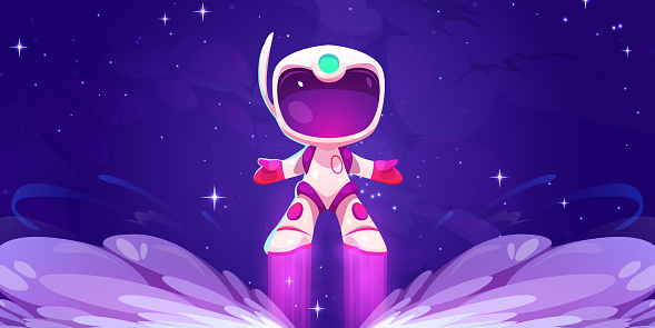 Vector cartoon game background with cosmonaut character fly up in flame. Spaceman takeoff from fire in videogame. Galaxy mission with interstellar robot in white suit and helmet