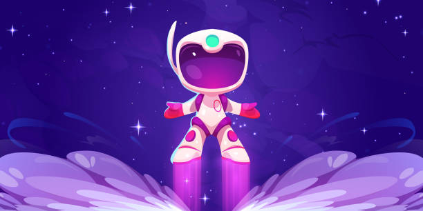 Cosmonaut takeoff in flame. Space game background Vector cartoon game background with cosmonaut character fly up in flame. Spaceman takeoff from fire in videogame. Galaxy mission with interstellar robot in white suit and helmet astronaut helmet closeup stock illustrations