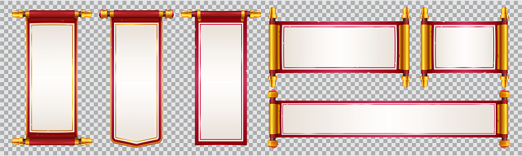 Chinese paper scroll vector banner set. Red and gold Japanese dialogue frame for interface game. Blank old realistic parchment golden roll isolated on transparent background.
