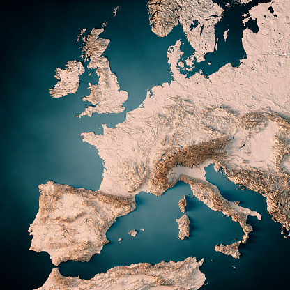 3D Render of a Topographic Map of Western Europe.\nAll source data is in the public domain.\nColor texture and Water: Made with Natural Earth. \nhttp://www.naturalearthdata.com/downloads/10m-raster-data/10m-cross-blend-hypso/\nhttp://www.naturalearthdata.com/downloads/10m-physical-vectors/\nRelief texture: GMTED 2010 data courtesy of USGS. URL of source image:\nhttps://topotools.cr.usgs.gov/gmted_viewer/viewer.htm
