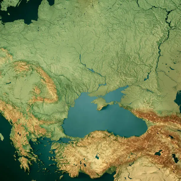 3D Render of a Topographic Map of Ukraine and the Black Sea. 
All source data is in the public domain.
Color texture: Made with Natural Earth. 
http://www.naturalearthdata.com/downloads/10m-raster-data/10m-cross-blend-hypso/
Relief texture: SRTM data courtesy of NASA JPL (2020). URL of source image: 
https://e4ftl01.cr.usgs.gov//DP133/SRTM/SRTMGL3.003/2000.02.11
Water texture: SRTM Water Body SWDB:
https://dds.cr.usgs.gov/srtm/version2_1/SWBD/
Boundaries Level 0: Humanitarian Information Unit HIU, U.S. Department of State (database: LSIB)
http://geonode.state.gov/layers/geonode%3ALSIB7a_Gen