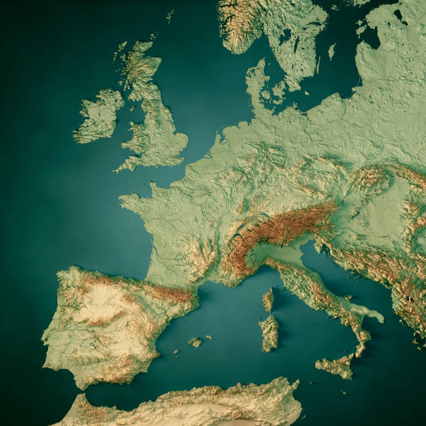 europe de l’ouest 3d render carte topographique dark ocean color - western europe photos et images de collection