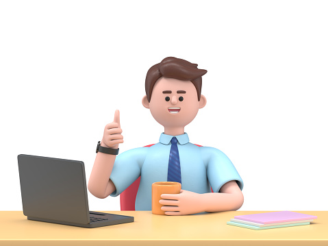 3D illustration of smiling Asian man Felix -  happy, energetic woman working on computer in workplace.3D rendering on white background.