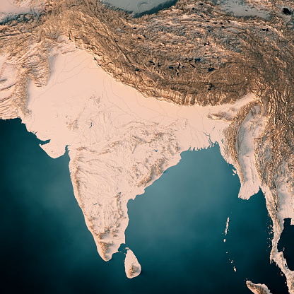 3D Render of a Topographic Map of India.
All source data is in the public domain.
Color texture and Rivers: Made with Natural Earth. 
http://www.naturalearthdata.com/downloads/10m-raster-data/10m-cross-blend-hypso/
http://www.naturalearthdata.com/downloads/10m-physical-vectors/
Relief texture: SRTM data courtesy of USGS. URL of source image: 
https://e4ftl01.cr.usgs.gov//MODV6_Dal_D/SRTM/SRTMGL1.003/2000.02.11/
Water texture: HIU World Water Body Limits:
http://geonode.state.gov/layers/?limit=100&offset=0&title__icontains=World%20Water%20Body%20Limits%20Detailed%202017Mar30