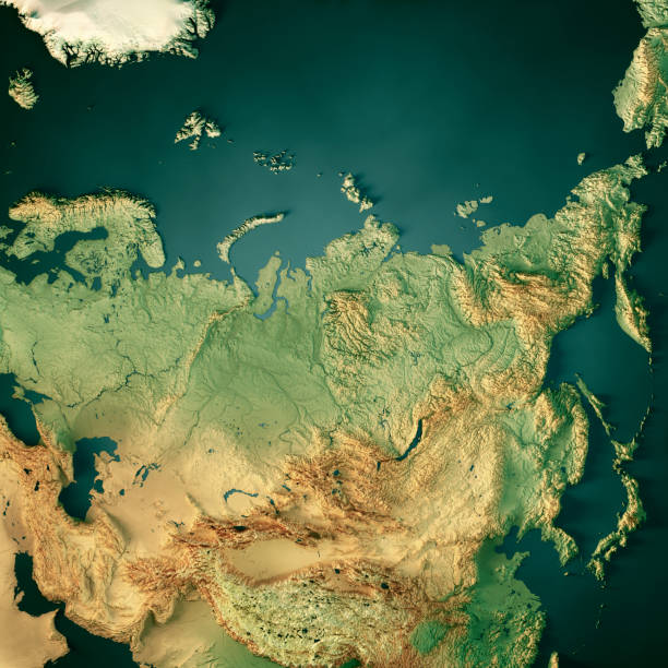 russia 3d render topographic map dark ocean color - sibiria imagens e fotografias de stock