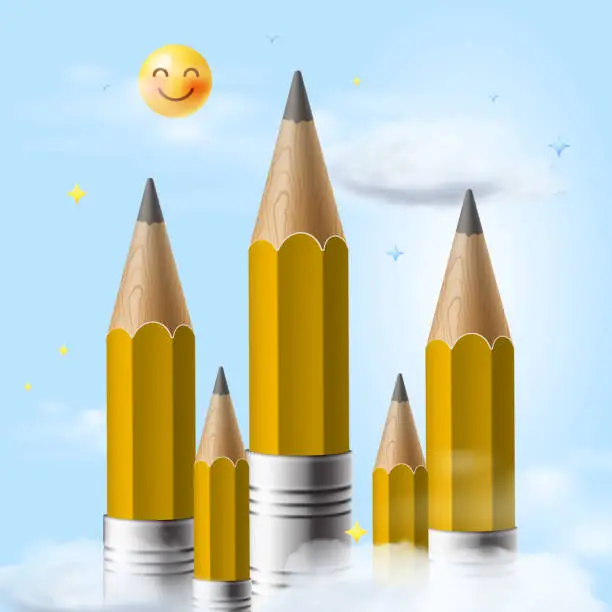 Vector illustration of Pencils with the emoji sun shining on them and clouds vector illustration