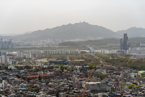 Seoul South Korea urban cityscape during yellow dust pollution on 10 April 2023