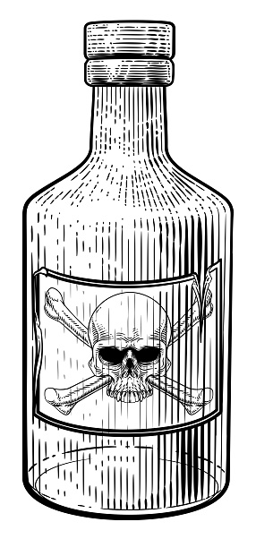 A poison bottle with skull and crossbones warning label sign in a vintage woodcut etching style