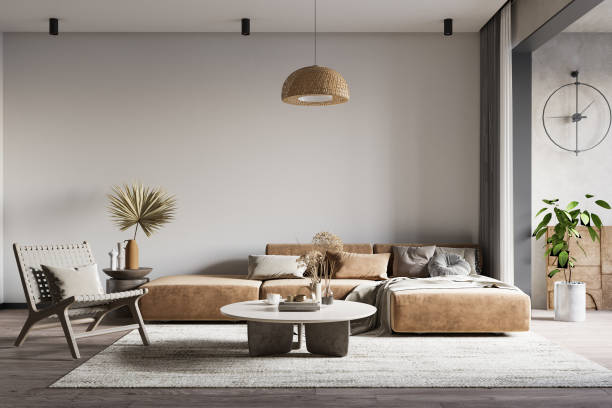 istock Wabi-Sabi Living Room Interior Wall Mockup 1482183607