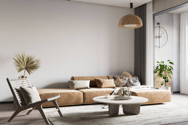 istock Wabi-Sabi Living Room Interior Wall Mockup 1482183608