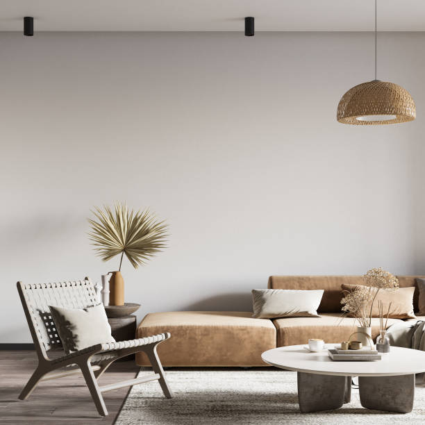 istock Wabi-Sabi Living Room Interior Wall Mockup 1482183618