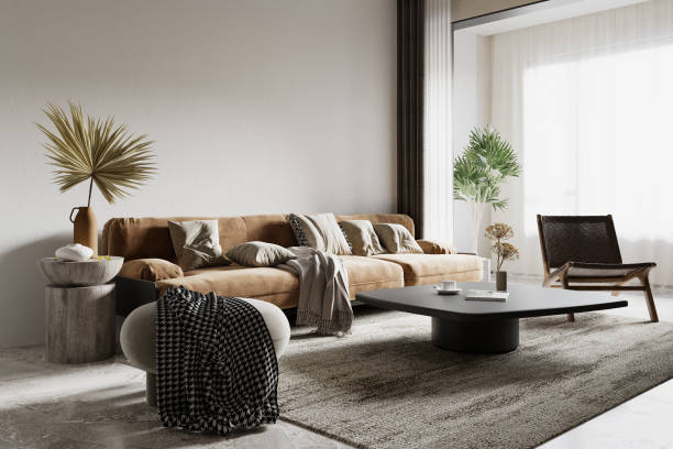 istock Wabi-Sabi Living Room Interior Wall Mockup 1482183635