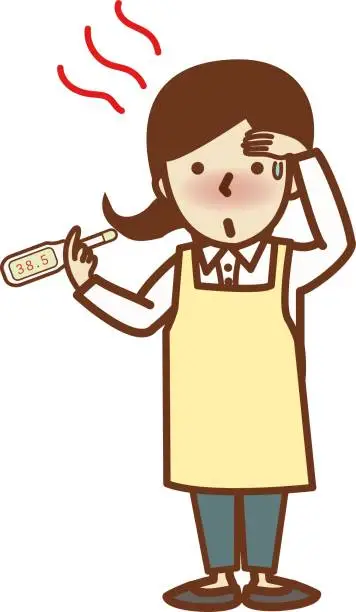 Vector illustration of Young woman in an apron with a fever holding a thermometer.