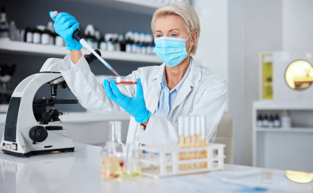 istock Woman, doctor and micro pipette with mask for experiment, sample or covid testing in scientific research or exam in lab. Female scientist or medical expert working with chemical in science laboratory 1482187197